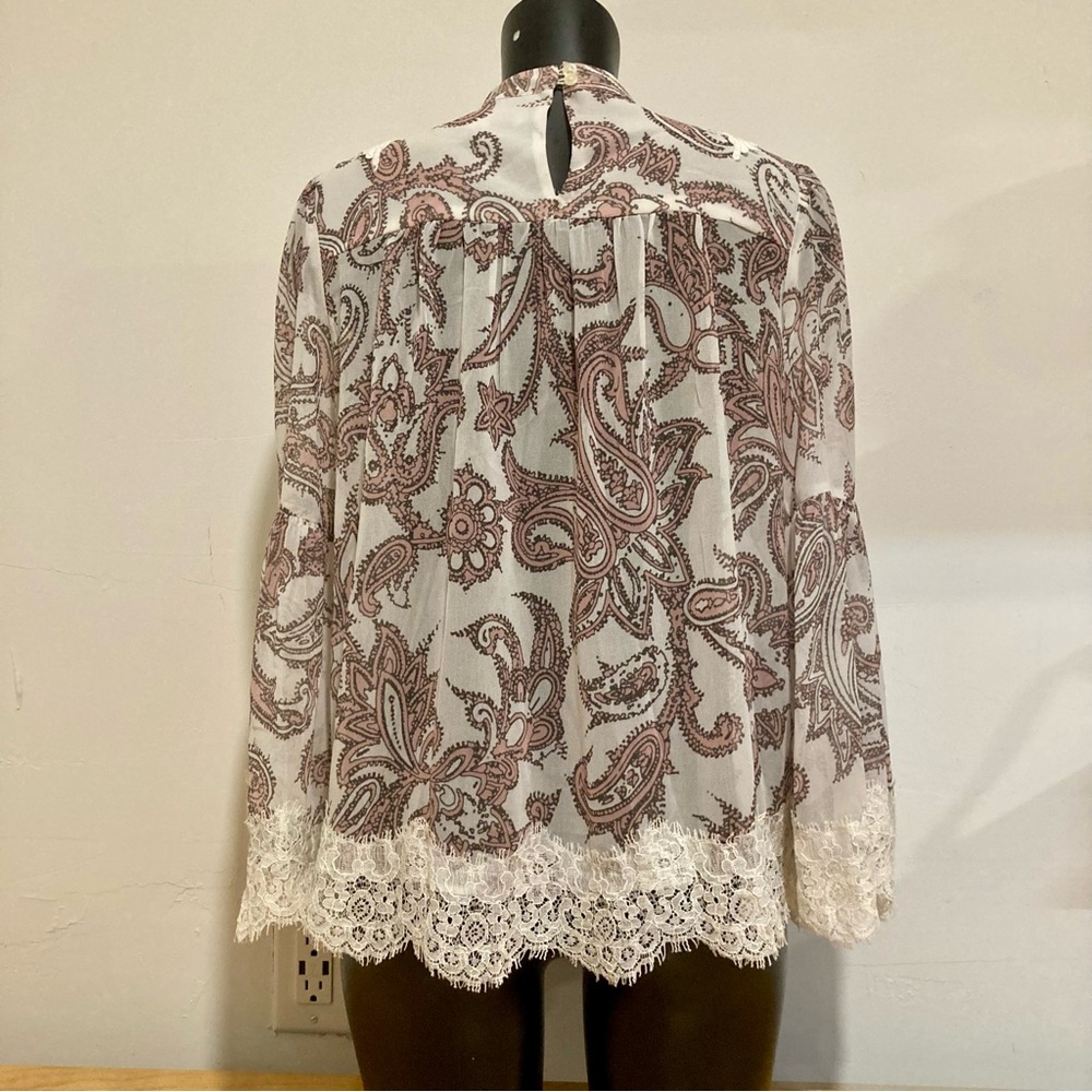Loft Bohemian Sheer Bell Sleeve Lacy Blouse Paisley Pink Purple Off-White Small - Picture 7 of 16
